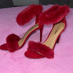 Red suede furry heels